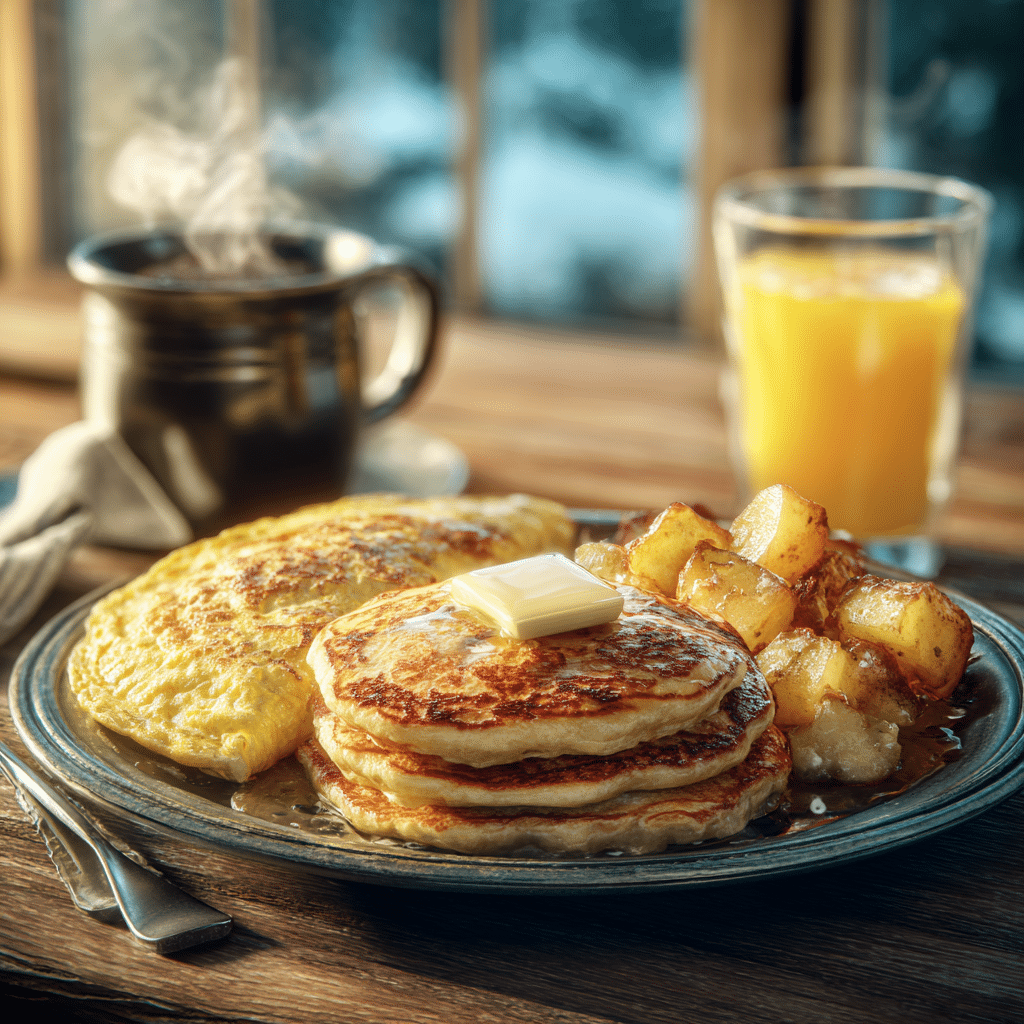 Fluffy pancakes served with butter, orange juice, and coffee