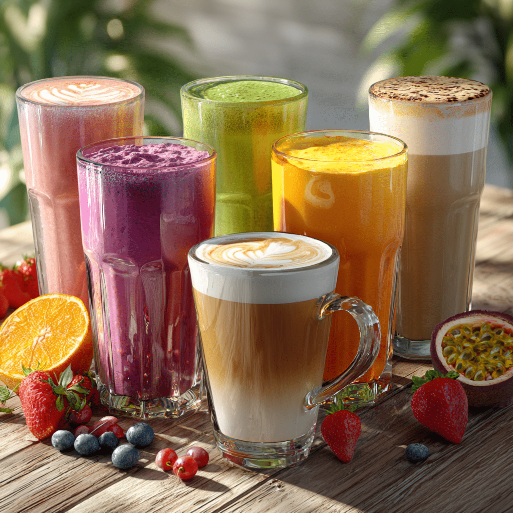 Healthy smoothies with fresh fruit and coffee latte