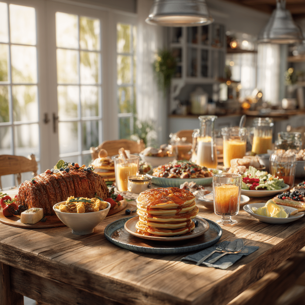 Variety of family meals including roasted chicken, pies, pancakes, and fresh fruit drinks on a rustic table