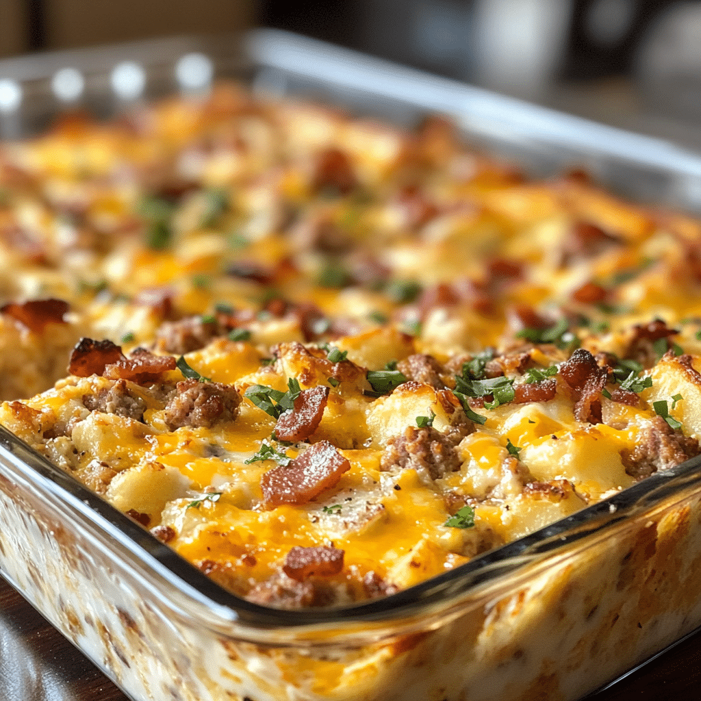 Breakfast Casserole with Turkey Sausage, Smoked Turkey Bacon and Cheddar Cheese