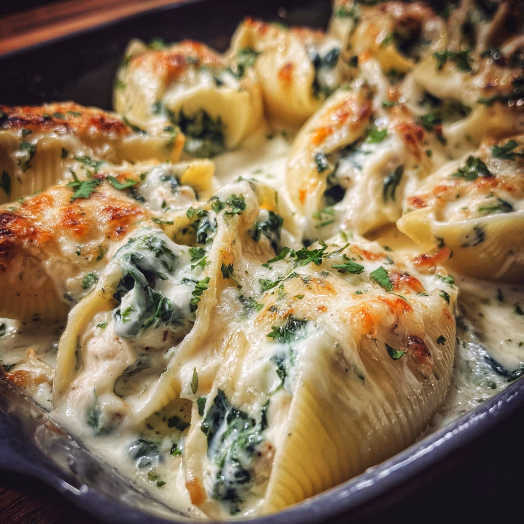 Chicken Stuffed Shells with Spinach and Alfredo Sauce